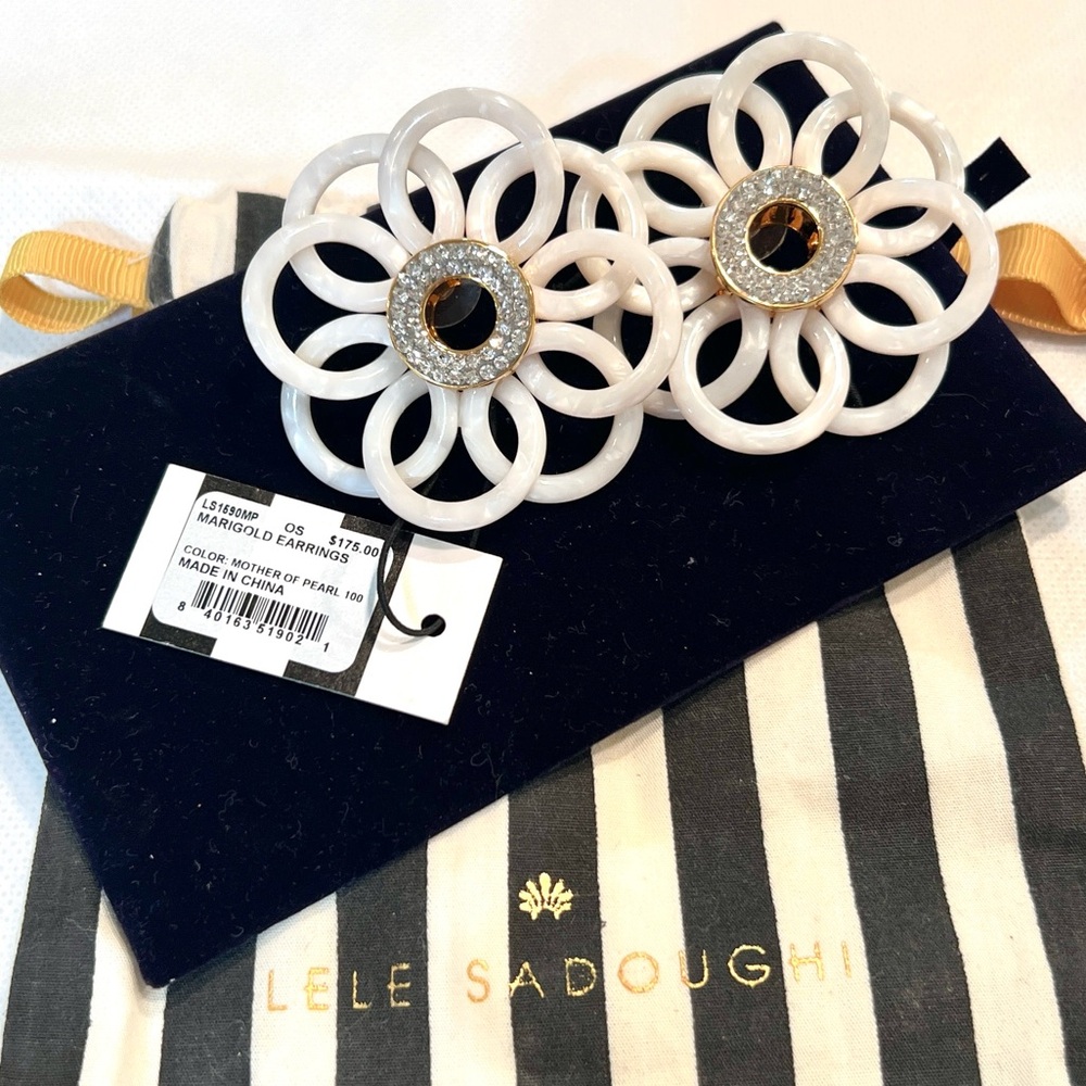 NWT-Lele Sadoughi-Marigold Earrings-Mother of Pearl-Pave Crystal+Dust Bag-$175